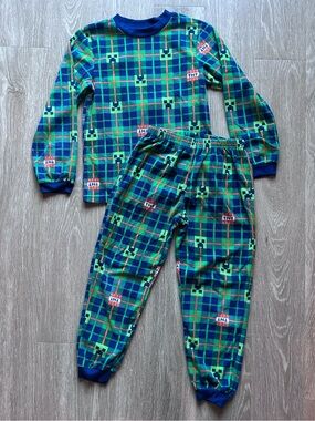 Minecraft Boys Fleece Pajama Set Plaid Creeper TNT Size M 8/10